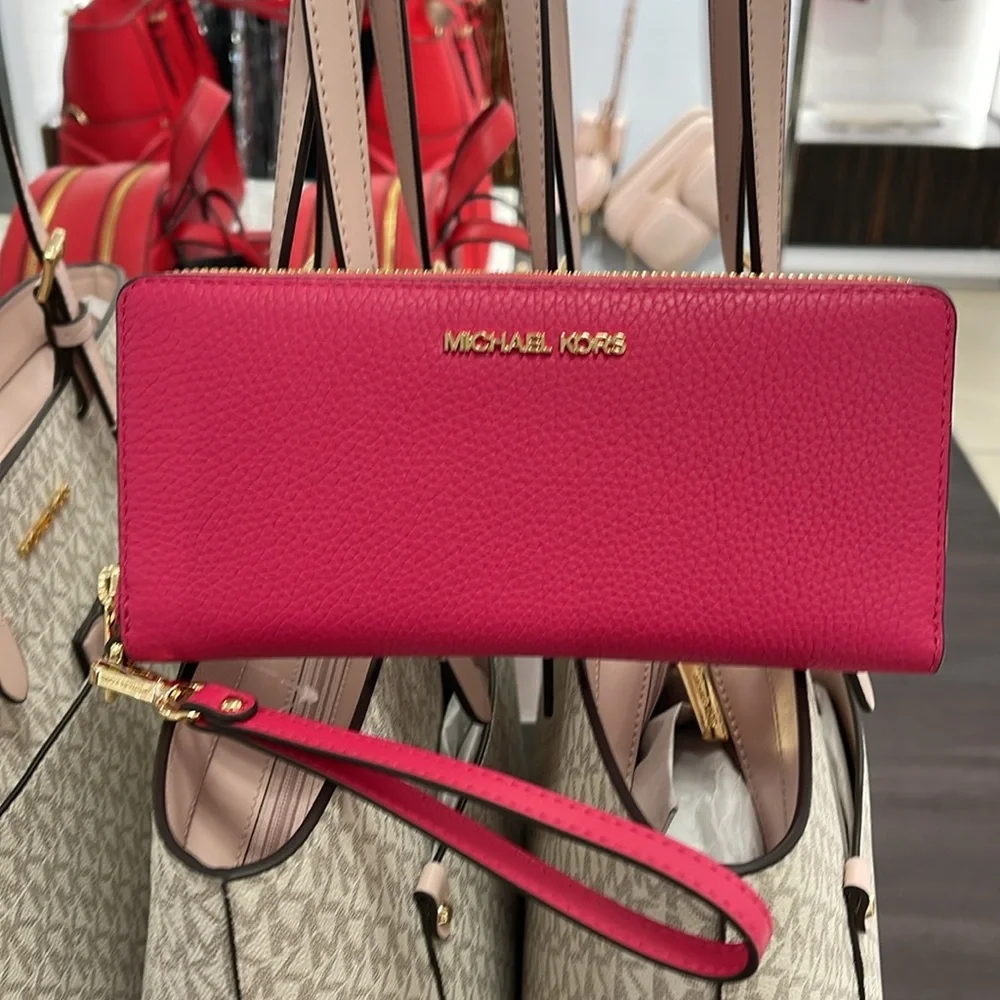MICHAEL KORS Leather Continental Wristlet Phone Case Wallet Electric Pink NWT